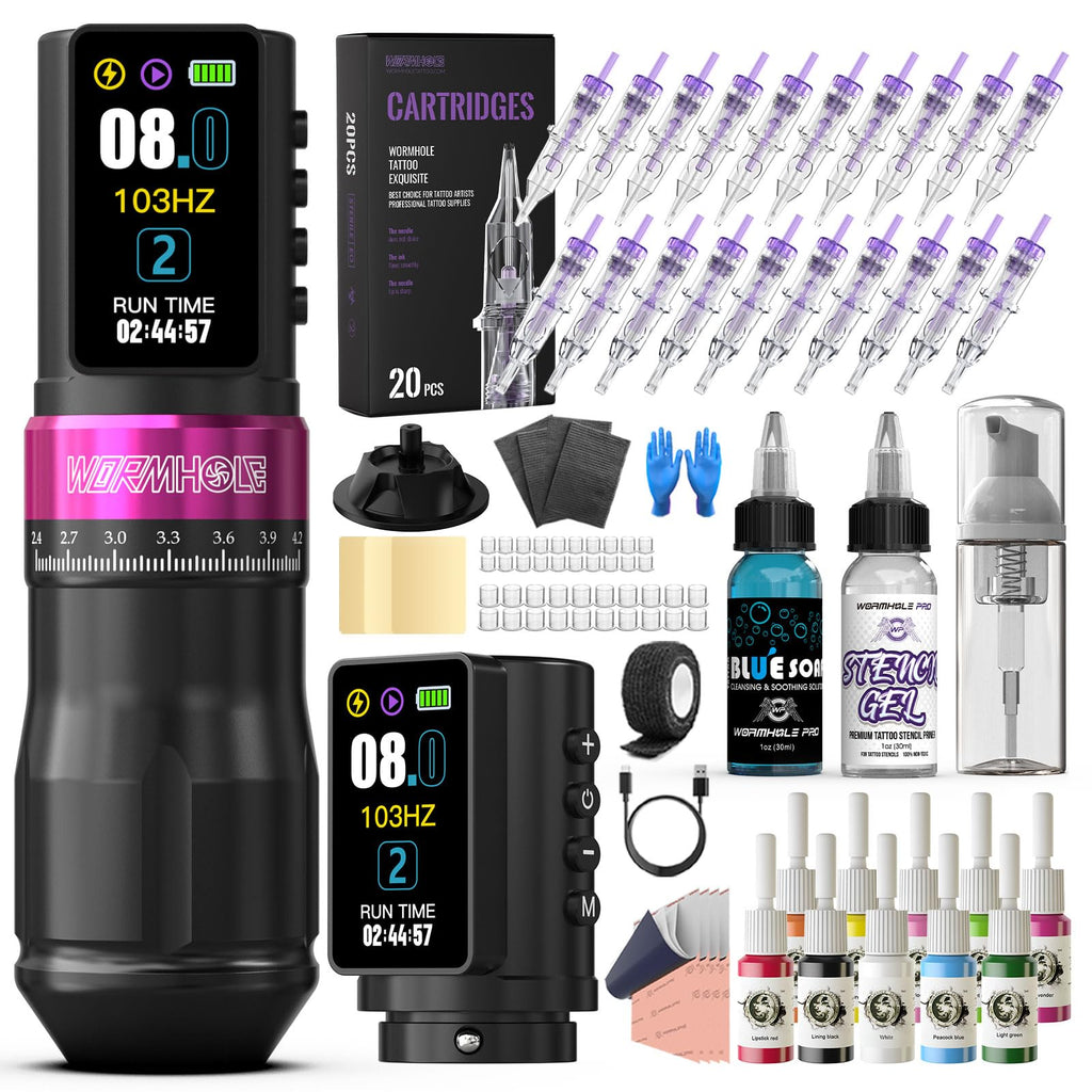 Wormhole Wireless Tattoo Gun Kit, Professional Tattoo Machine with Dual 2300mAh Batteries, Adjustable Stroke, Tattoo Ink, Tattoo Blue Soap, Aluminum Alloy Tattoo Pen, Complete Tattoo Kit for Artists
