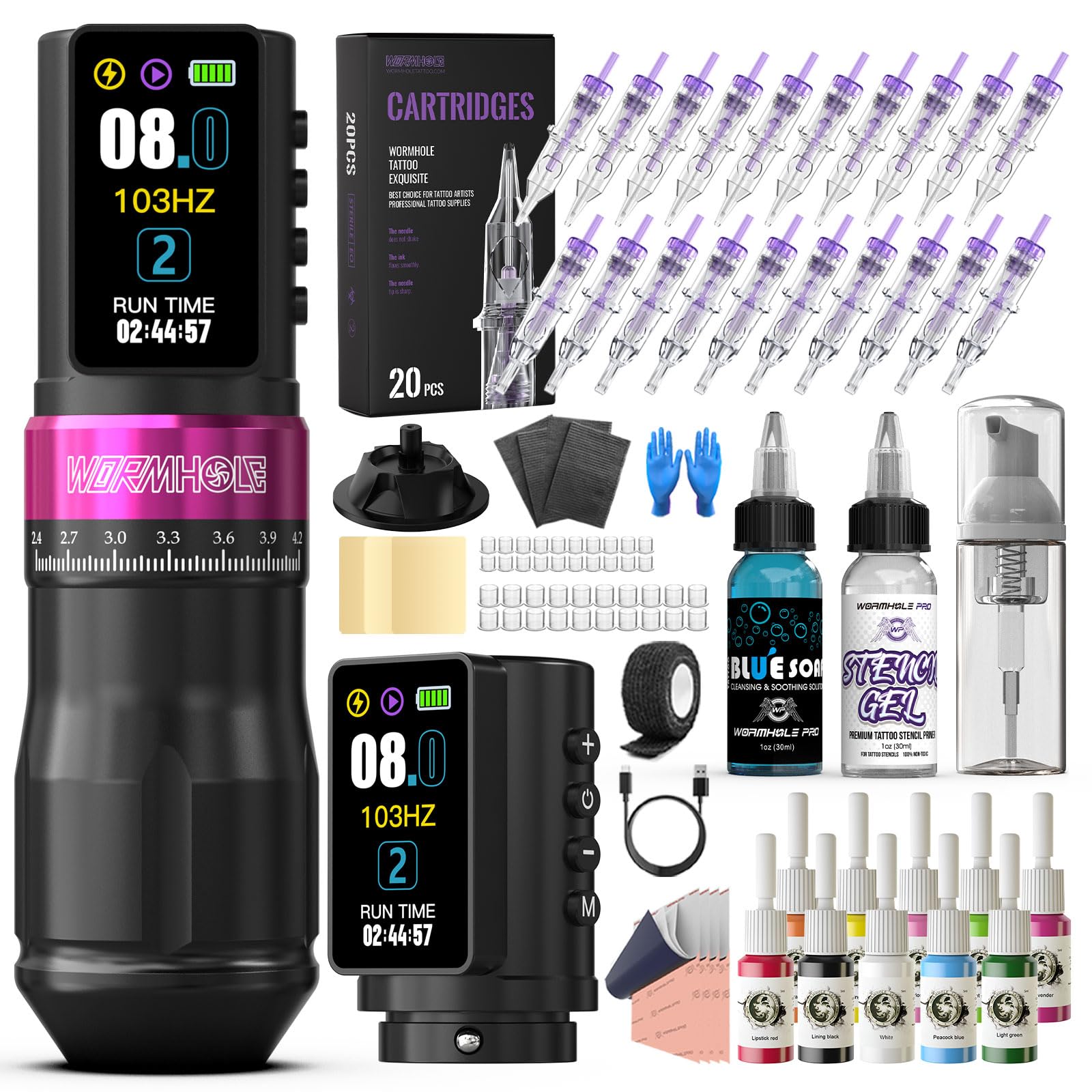 Wormhole Wireless Tattoo Gun Kit, Professional Tattoo Machine with Dual 2300mAh Batteries, Adjustable Stroke, Tattoo Ink, Tattoo Blue Soap, Aluminum Alloy Tattoo Pen, Complete Tattoo Kit for Artists