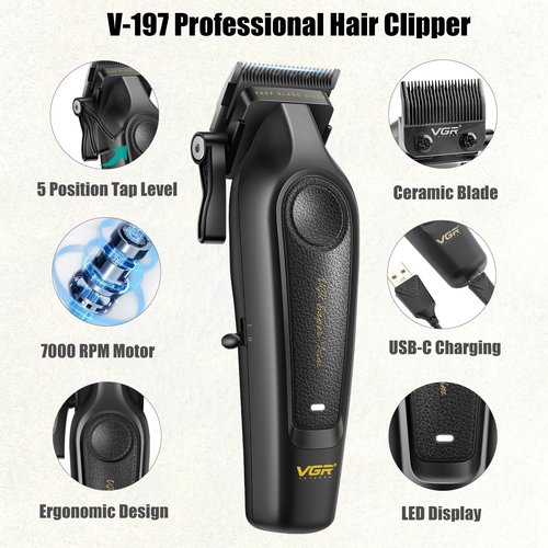 VGR Professional Hair Clippers for Men - Cordless Barber Clippers & Zero Gapped Trimmer Set, 7000RPM High Power Hair Cutting Kit with Ceramic Blade, USB-C Rechargeable Grooming Tools for Fade V197&995
