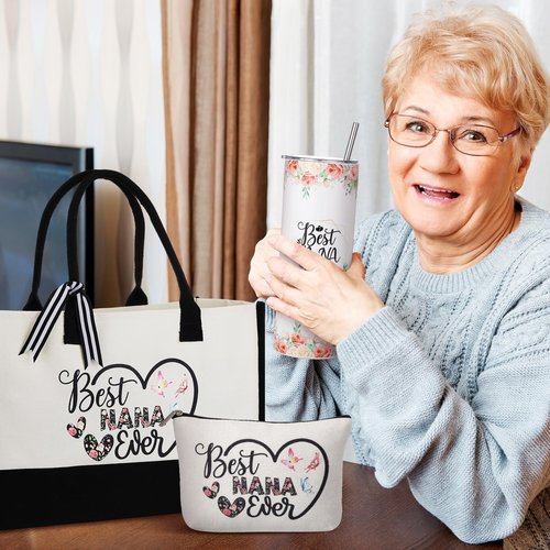 Paterr 7 Pcs Best Grandma Nana Gifts 20oz Stainless Steel Tumbler Tote Bag Sock Keychain Gift Card for Birthday Mother's Day(Nana)