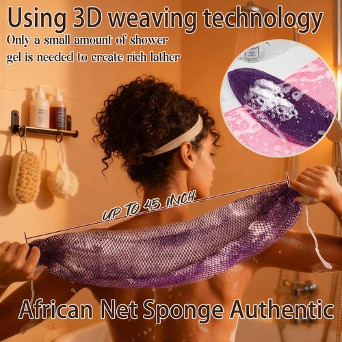 African Net Sponge Authentic, 3 Pieces African Exfoliating Net Sponge Body Back Scrubber Exfoliating Washcloth for Shower Bath for All Types Skin (Purple+Pink+Olive Green, 3 Pcs)