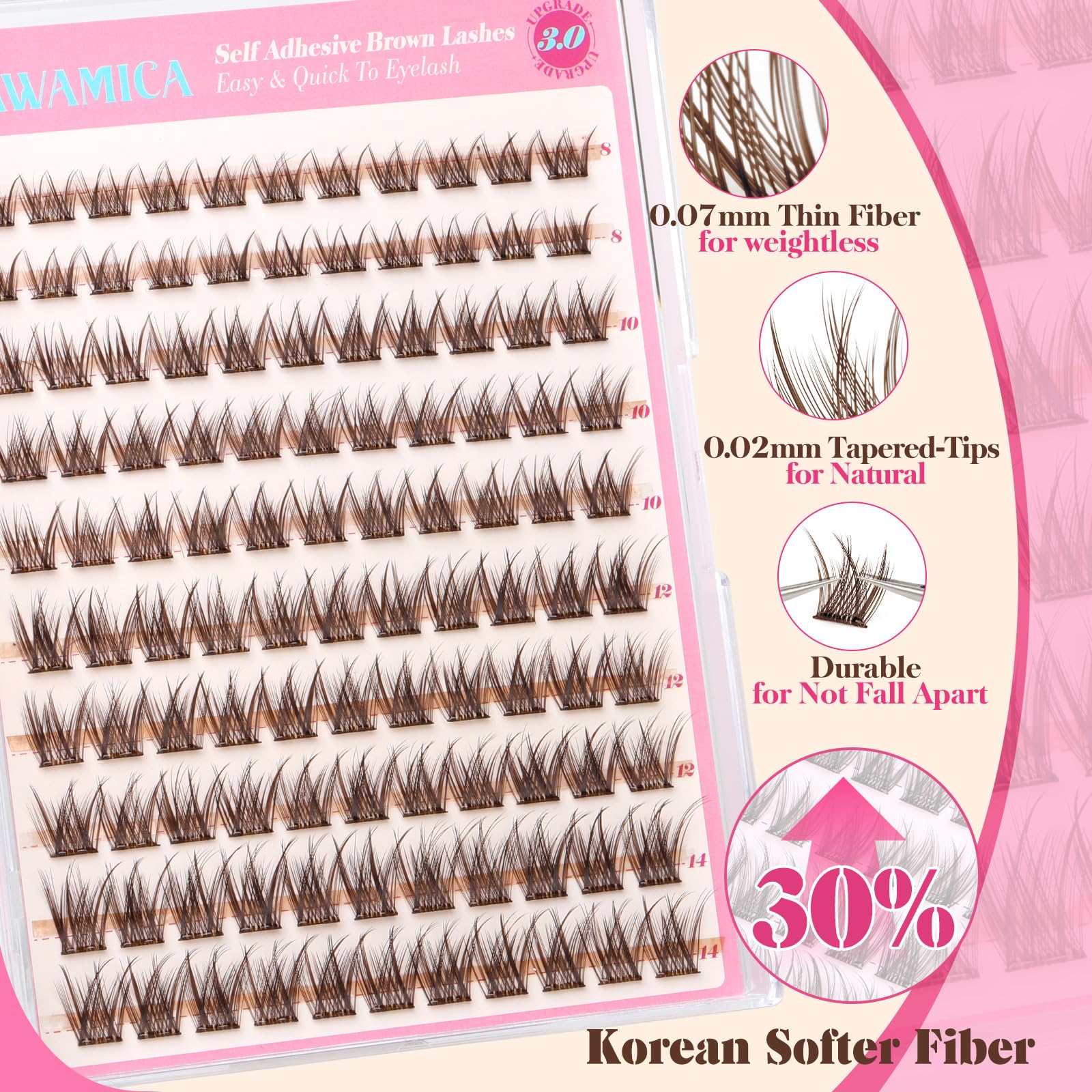 Yawamica Self Adhesive Eyelashes Brown Lash Clusters No Glue Needed Press on Lashes Reusable Pre-glued Eyelash Clusters 8-14mm Wispy Individual Lashes C Curl Cluster Lashes DIY Brown Lash Extension