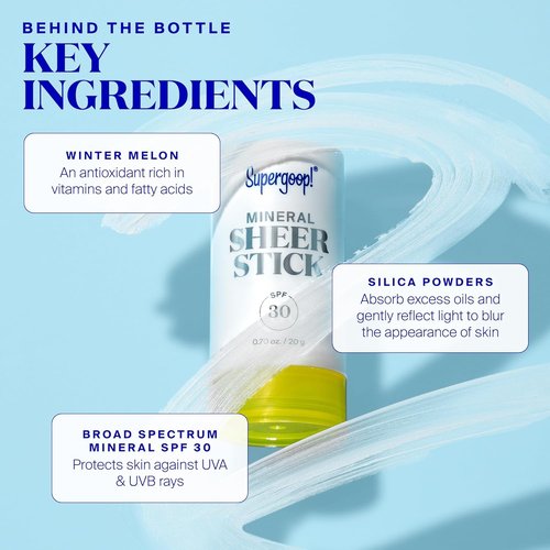 Supergoop! Mineral Sheer Stick SPF 30 Sunscreen - Broad Spectrum Protection for Face & Body - Natural Finish - 0.7 fl oz