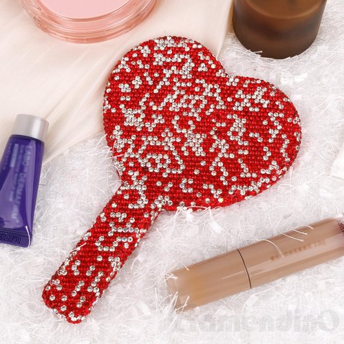 Framendino, 1 Pack Bling Heart Cosmetic Handheld Mirror Red Metal with Handle for Women Makeup Travel