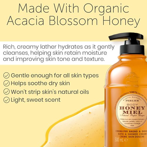 Perlier Sweet Honey Miel Bath Cream - Nourishing Luxury Formula with 100% Organic Italian Honey | 101.4 oz