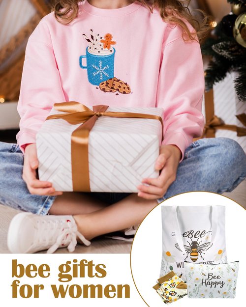 Bulyoou 3 Pcs Bee Themed Gifts for Women Funny Honeybee Canvas Tote Bag with Zipper Makeup Bag and Socks Bee day Holiday Birthday Gifts for Mother Teachers Employee Beekeepers Lovers