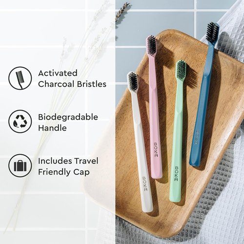 Boka Classic Manual Toothbrush - Extra Soft Activated Charcoal Bristles, Bioplastic Handle, Pink | Travel Cap Included