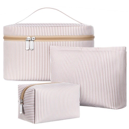 Huhumy 3 Pieces Makeup Bag Set for Women Cute Seersucker Cosmetic Pouch Travel Toiletry Bag Preppy Small Makeup Purse Pouch Aesthetic Skincare Brushes Storage Organizer for Women(Khaki)