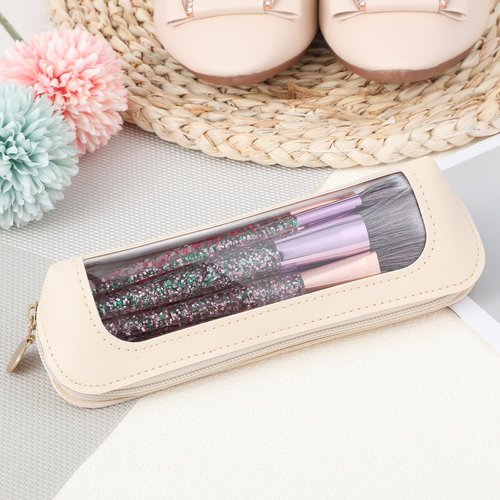 Clear Makeup Bag, Portable Transparent Cosmetic Organizer, PU Leather clear Makeup Brush Holder, Waterproof Travel Toiletry Pouch with Zipper for Women, Slim MakeupCase for Home, Office, Travel(Beige)