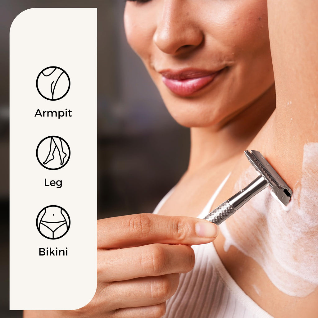 ZOMCHI Double Edge Safety Razor for Men & Women, Metal Razor with 5 Double Edge Safety Razor Blades, Single Blade Razor – Silver