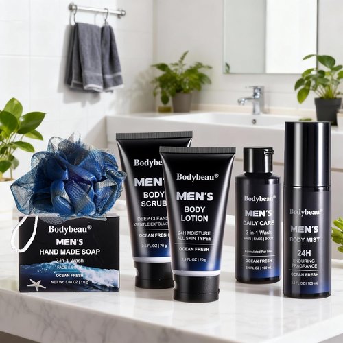 Skiennix Men's Bath and Body Spa Gift Set - 7-Piece Daily Care Kit with 3-in-1 Wash & Handmade Soap | Perfect Gift for Dad, Husband, or Son