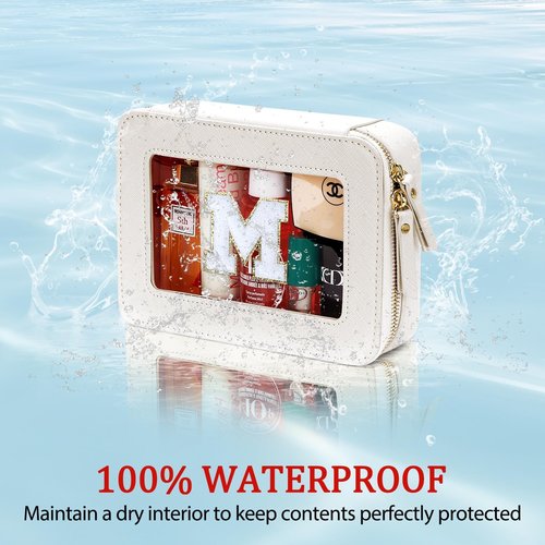 CLOUDWINGS Initial Travel Toiletry Bag - Cosmetic Bags for Girls with Zipper, Clear & Potable Makeup Bag for Travel, Cosmetic Pouch Perfect Gifts for Graduation (Beige, M)