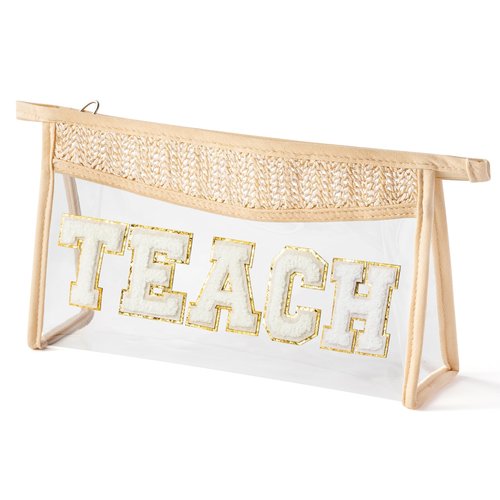 Belanttega Boho Patch TEACH Cosmetic Bag - Teacher Appreciation Gifts Teach Chenille Varsity Letter Clear Toiletry Makeup Bag Waterproof Portable Woven Makeup Pouch Summer Travel Pouch for Women Girls