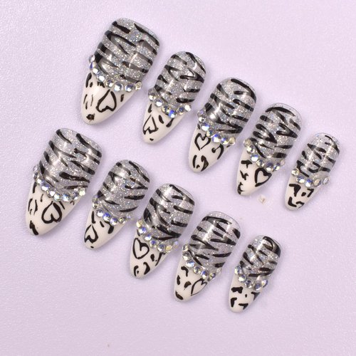 Handmade Nails Press On Medium Almond Reusable Unique Fake Nails, Artistic Design, Thick Acrylic and Muti-Layer Gel False Nails Stick On, Size M