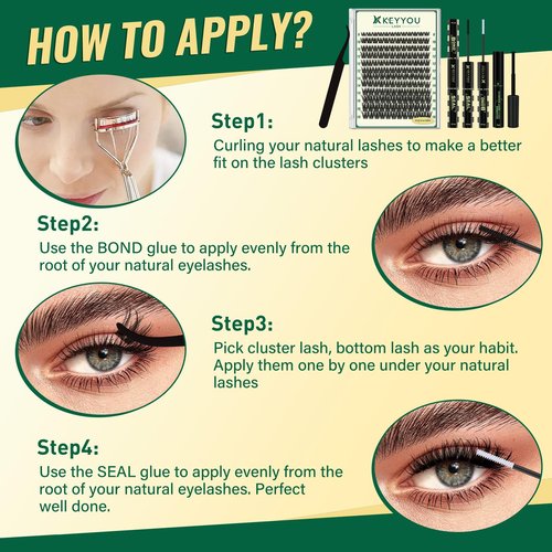 KEYYOULASH Lash Clusters Kit Volume 144pcs 8-18MIX Lash Extension Kit Thick Lash Clusters D curl with Bond and Seal,Remover,Applicators for DIY Thin Band Eyelash Clusters at Home (KY04 Kit)