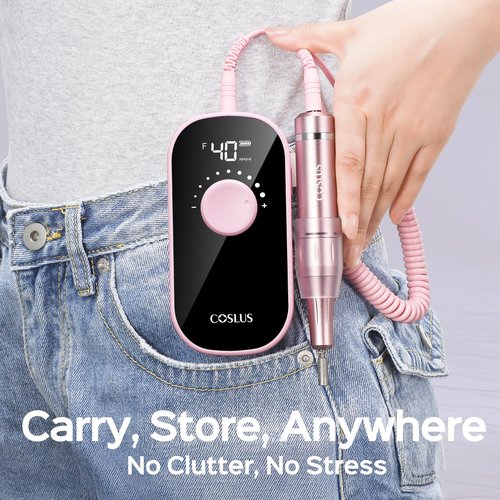COSLUS Professional Rechargeable Electric Nail Drill 40000 RPM, Portable Nail File with Storage Stand for Acrylic Gel Polishing Removing - Easy to Use for Women, Manicure at Home DIY or Salon, Pink