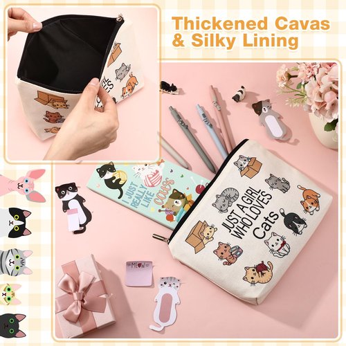 MotiMind 6 Pcs Cute Cat Stationery Set Pens Sticky Notes Makeup Bag Pencil Pouch for Girls Women Cat Lovers Christmas Gifts School Office Supplies