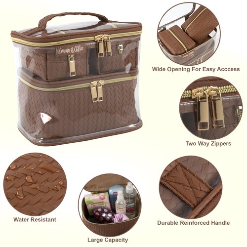 Emma & Chloe Travel Toiletry Bags for Women, 4 Piece Waterproof Cosmetic Case, Set, Pouch Makeup Organizer Bags for Women, Home Counters (Smooth Brown Chevron)