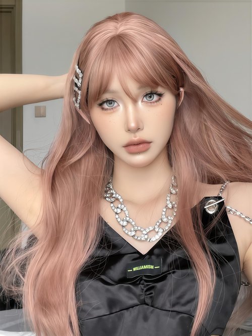 Aadesso peach beige color 65cm medium-length Wavy wigs for Daily Wear Heat Resistant Synthetic Matte wig with Realistic Simulation Scalp Middle Part with wig cap
