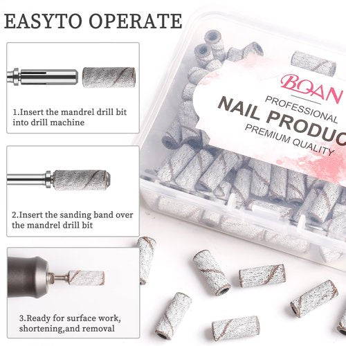 BQAN Sanding Bands for Nail Drills, 100pcs Small Bands 180 Fine Grit Nail File Sanding Bands with 2pcs Upgrade 3.1mm Mandrel Drill Bits for Acrylic Nails Gel Manicure