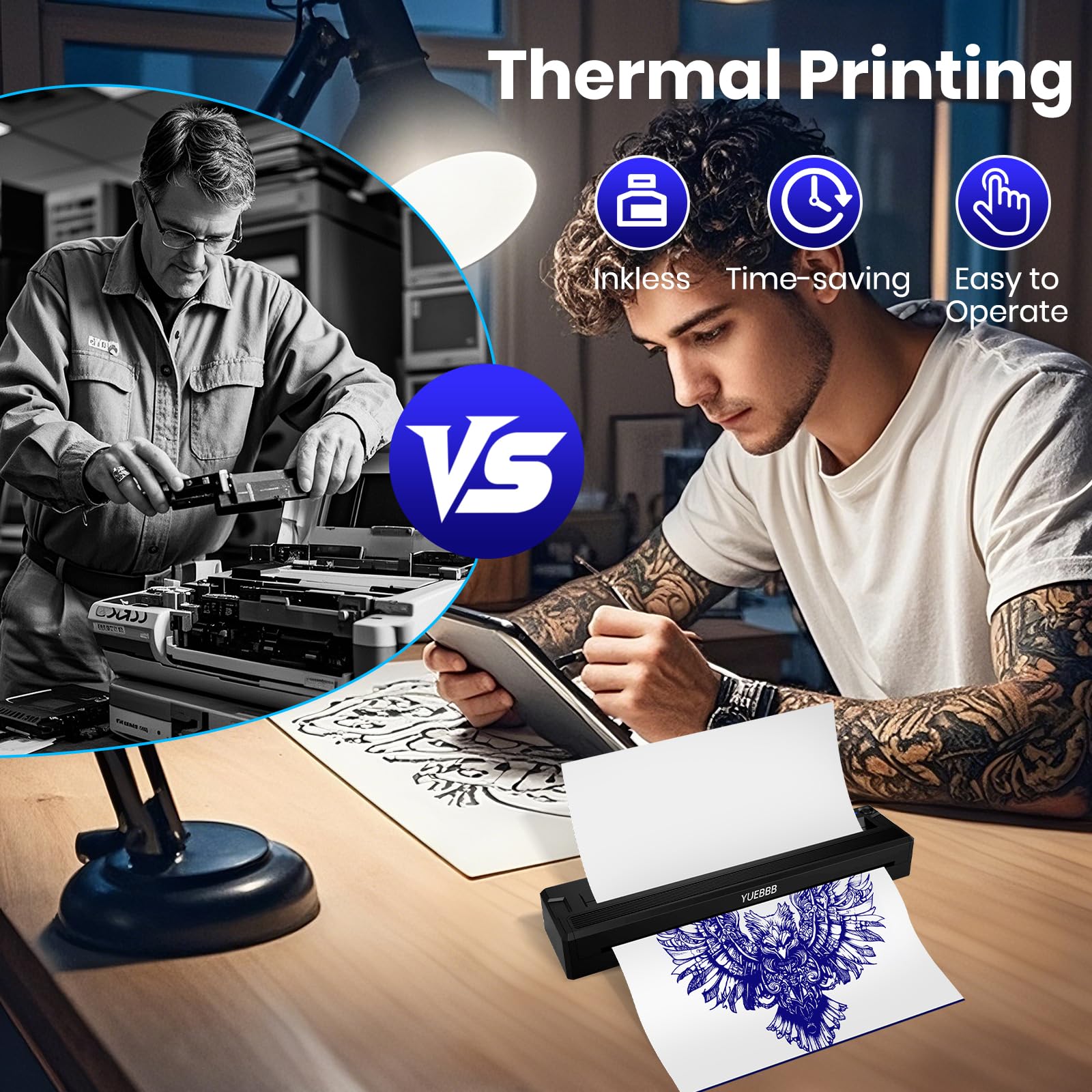 YUEBBB Tattoo Stencil Printer, Portable Printer, Wireless-Bluetooth-Thermal Tattoo Transfer Machine with 10pcs Thermal Papers & 3pcs Transfer Papers, Support Mobile & PC