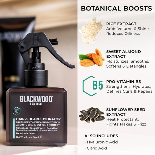 Blackwood For Men Hair & Beard Hydrator Spray - Natural Leave-In Conditioner for Moisturizing & Styling - 4 oz Vegan Grooming Essential