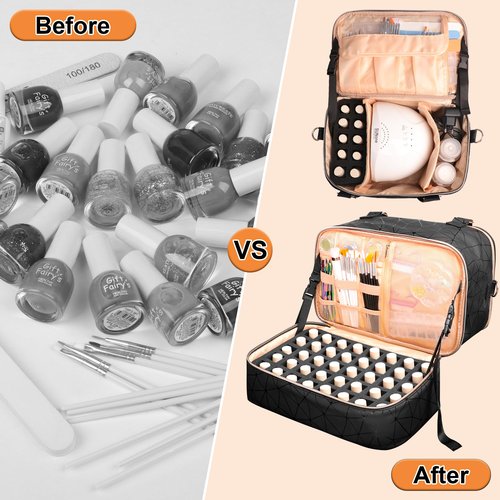 ahzske Nail Polish Organizer Bag Holds Nail Lamp& 50 Bottles (15ml/0.5fl.oz), PU Leather Nail Supplies Organizer Case with Shoulder& Holder Strap, Travel Nail Kit Storage for Manicure Tools (Black)