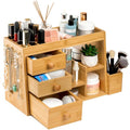 Elsjoy Large Countertop Bamboo Makeup Organizer with 3 Drawers, 12-Grid Lipstick Holder, Jewelry Hanging Hooks, Makeup Brush Holder, Desktop Wood Cosmetic Organizer Stand for Vanity