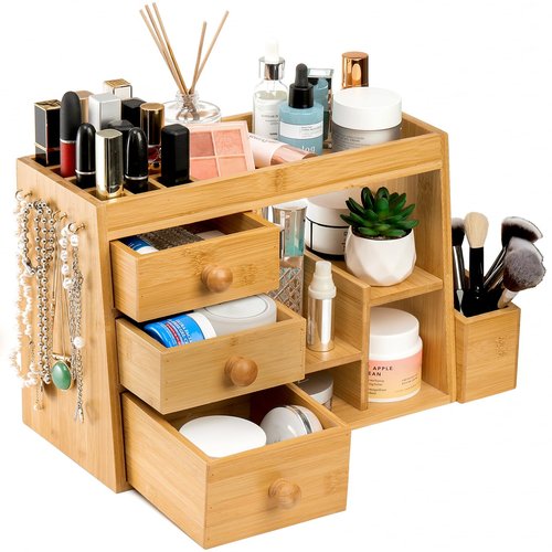 Elsjoy Large Countertop Bamboo Makeup Organizer with 3 Drawers, 12-Grid Lipstick Holder, Jewelry Hanging Hooks, Makeup Brush Holder, Desktop Wood Cosmetic Organizer Stand for Vanity