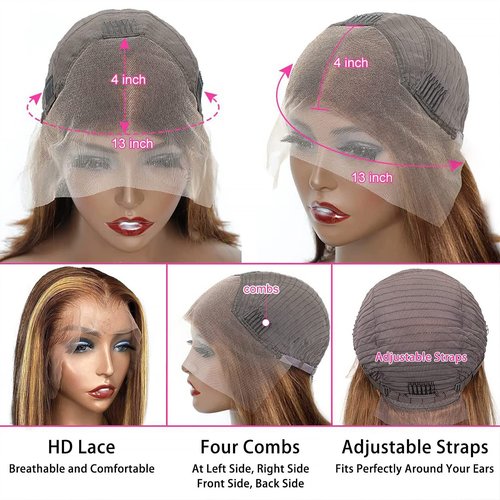 CLong Highlight Ombre Lace Front Wig Human Hair, 10 inch 13x4 Lace Wig Transparent 4/27 Short Bob Wigs For Black Women Human Hair 150% Density (4/27 Bob Wig,10inch)