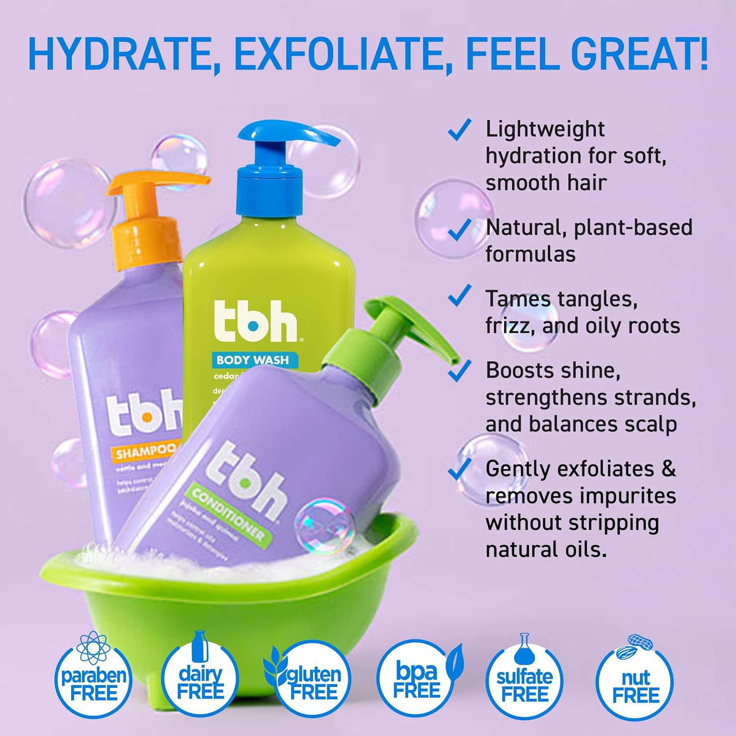 TBH Kids & Teen Hair and Body Care Set - Natural Shampoo, Conditioner & Body Wash - Sulfate & Paraben Free - 3-Pack, 12 oz Each