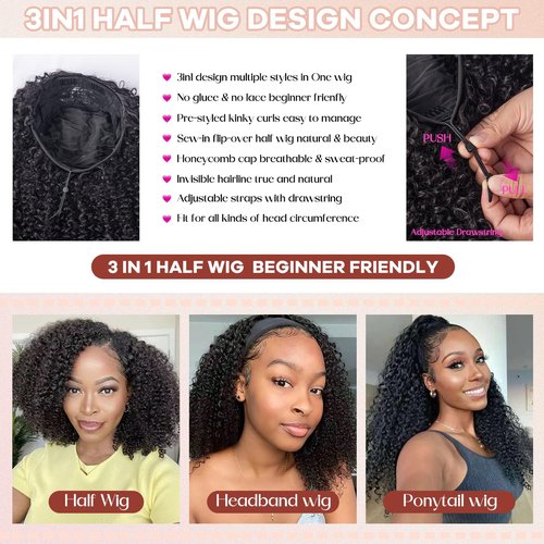 Kinky Curly Wig 200 Density 3 In 1 Seamless Flip Over Half Wigs Synthetic Hair Glueless Wear and Go Beginner Friendly Kinky Curly Wig Drawstring Headband Wig for Women 16 Inch