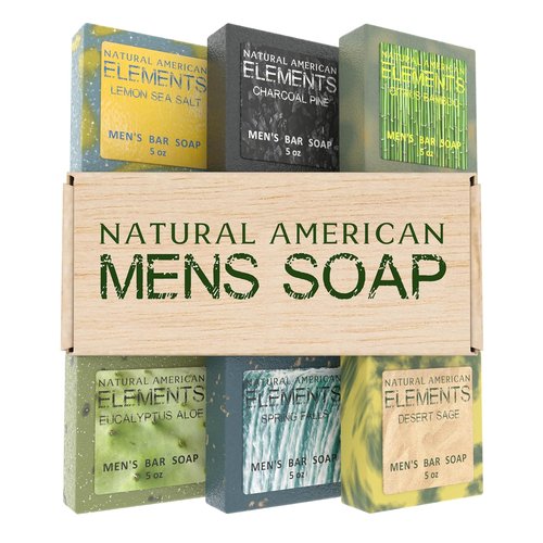 Natural American Elements Men's Bar Soap - 100% Natural with Essential Oils & Organic Shea Butter - 5 oz (6 Pack)