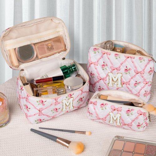 Junesters Personalized Initial Makeup Bag Set, Quilted Makeup Bag, Large Floral Cosmetic Bag for Women, Cute Cotton Custom Make up Bags, Flower Travel Toiletry Bag Teen Girl Gift Trendy Stuff Gift M