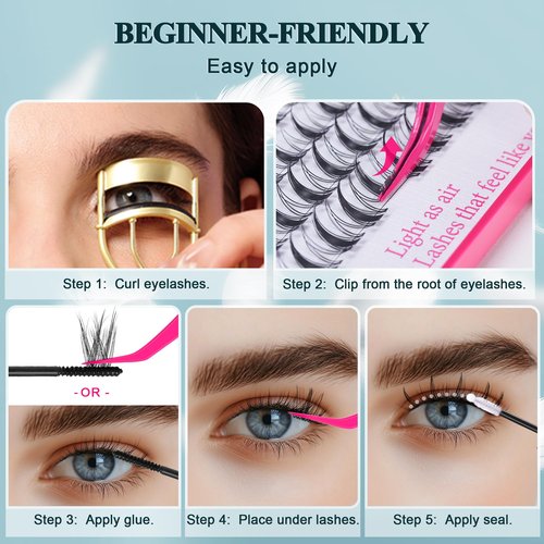 Vasa Muse Premium Lash Clusters Kit 10-16mm lashes Wispy Natural & Fairy Spiky Lash Clusters 0.05mm Eyelash Clusters Ultra-thin Invisible band lash Extension Kit with Bond Seal for Starter DIY
