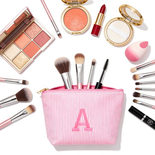 Fohufo Easter Basket Stuffers for Teens Girls - Initial Travel Makeup Bag for Girls, Teen Girl Gifts Trendy Basket Stuff, Easter Gifts for Teens Girls Women, Pink Make up Bag -Letter A