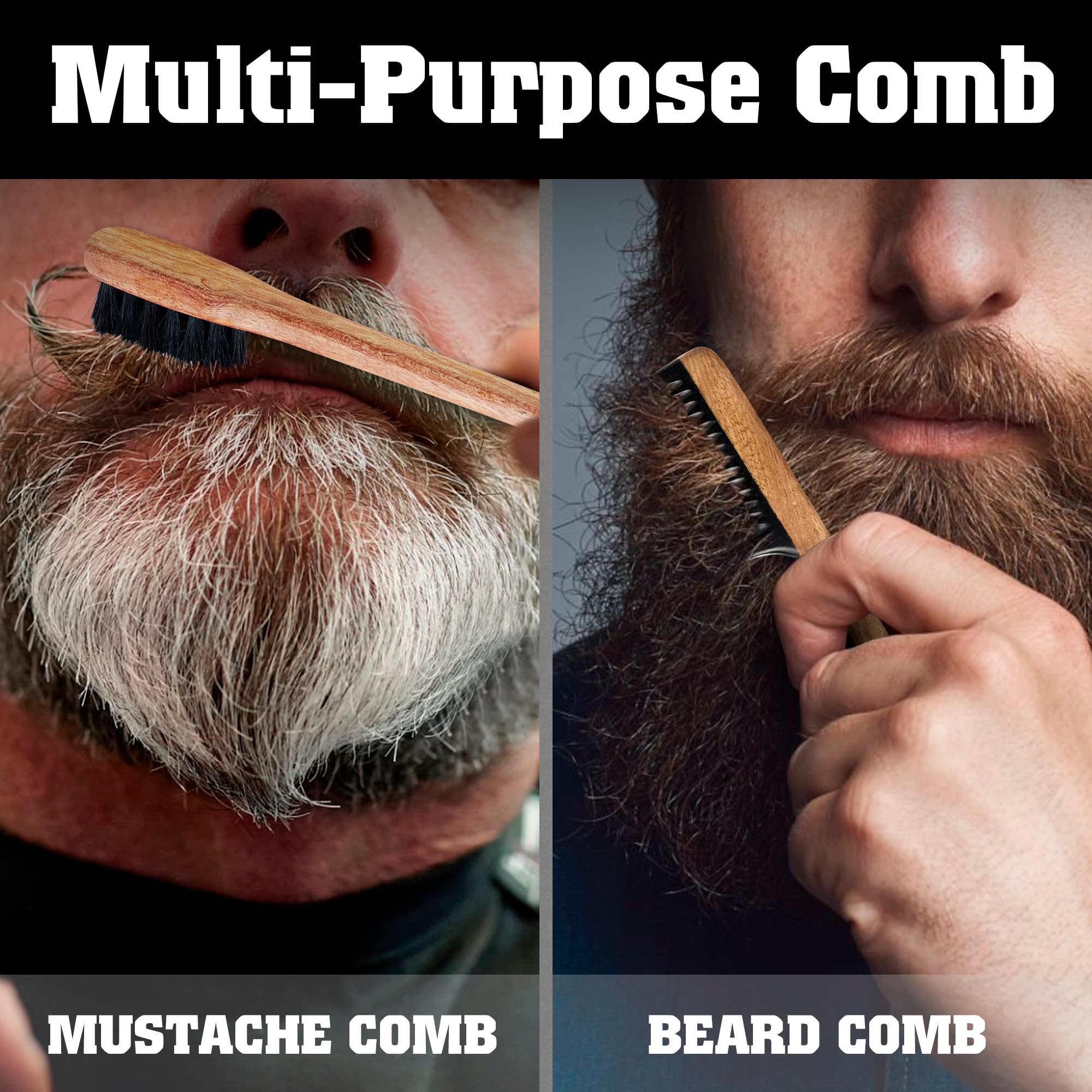 Vtuna 2-in-1 Beard Comb & Brush - Mustache & Beard Comb for Men. Handcrafted from Solid Wood, Buffalo Horn, and Cow Tail Hair. Comes in a Box, Perfect for Gifting.
