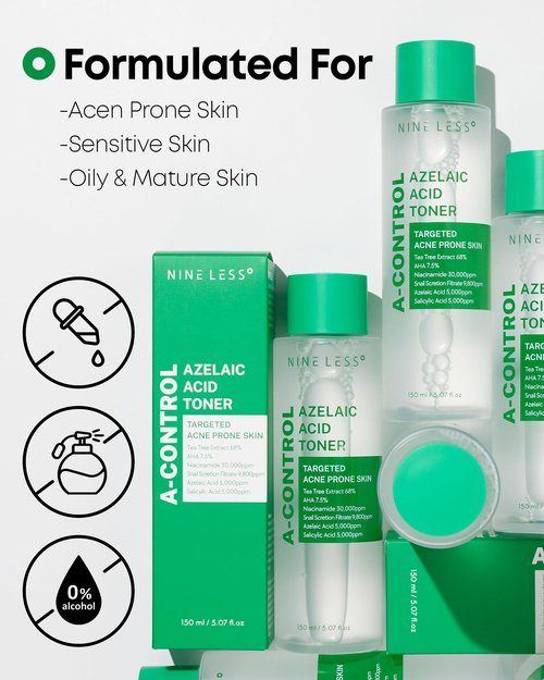 Nineless A-Control Azelaic Acid Toner with AHA & BHA - Pore Refining & Soothing Facial Toner for Acne-Prone Skin - Redness Relief & Dark Spot Corrector, Korean Skincare, 5.07 fl.oz