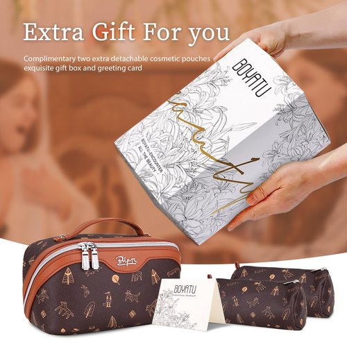 BOYATU Travel Makeup Bag Cosmetic Bags for Women: 3 Pcs Set Portable Make up Bag with Handle - Vegan Leather Toiletry Bags with Compartments - Makeup Organizer for Travel Essentials(L-1-Brown)
