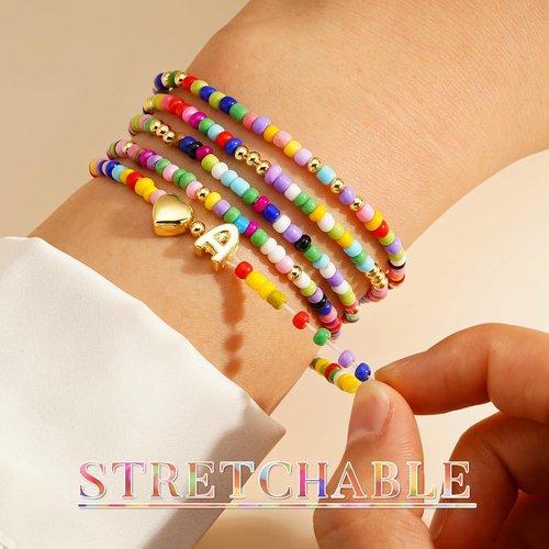 M MOOHAM Colorful Beaded Initial Bracelets - Cute Stretch Heart Letter Jewelry for Girls | 5PCS Set