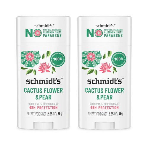 Schmidt's Aluminum-Free Vegan Deodorant Cactus Flower & Pear with 24-Hour Odor Protection, 2 Count for Women and Men, Natural Ingredients, Cruelty-Free, 2.65 oz