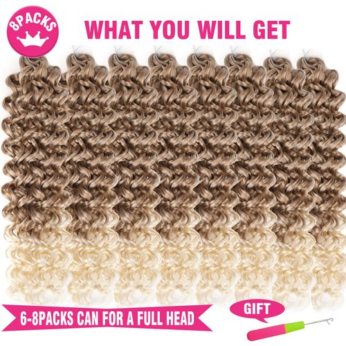 Unionbeauty 8 Pack GoGo Curl Beach Curl Curly Crochet Hair - Ocean Wave 18 Inch Water Wave - Ombre Blonde Synthetic Curly Braiding Hair Extension T27/613#