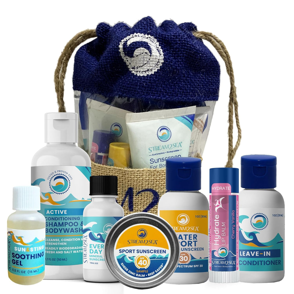 Stream2Sea Natural Hair & Skin Care Gift Set - Travel Kit with Shampoo, Conditioner & Sunscreen