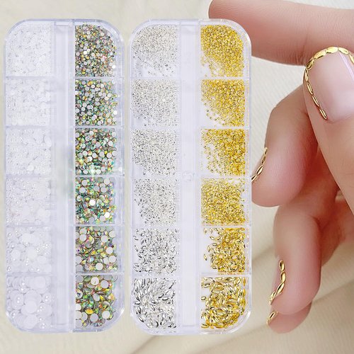 DZHILHMX Nail Charms - Metal Silver & Gold Beads, Flatback Half Round Rhinestones, Small Nail Pearls, 3D Mixed Sizes Decorations for Nails Kits