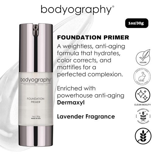 BODYOGRAPHY Foundation Primer - Flawless Anti-Aging Makeup with Vitamin E & Jojoba Oil | 1 oz, Gluten-Free & Cruelty-Free