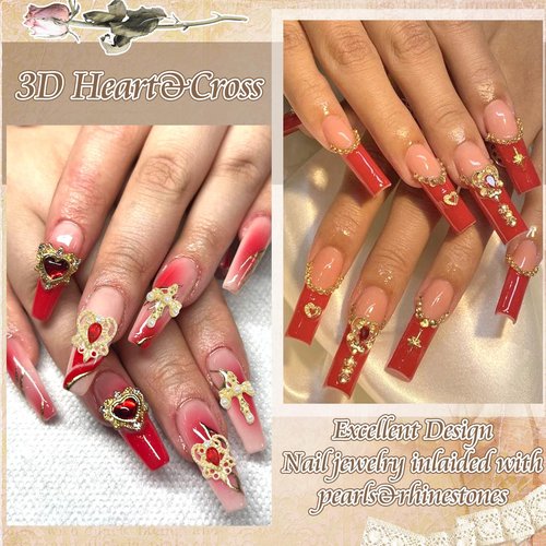 RODAKY 120PCS Gold Nail Charms Cross Nail Art Jewelry 3D Heart Crystal Rhinestone Rose Charms for Nails Virgin Mary Metal Nail Gems Luxury Nail Decoration Diamonds for Manicure Design Craft DIY