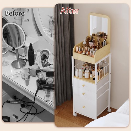 Makeup Cart Organizer with Mirror, Large Floor Skincare Organizers Make Up Organizers-Vanity Storage Organizer Cosmetic Display Cases Holder for Skin Care Perfume Nail Polish Brush Hair Tool (White)