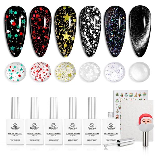 Beetles Gel Top Coat Set, 6Pcs 10ml Sparkle Glitter Cat Eye Top Coat Gel Nail Polish No Wipe Long Lasting Soak Off U V LED Manicure Salon DIY Gifts for Women