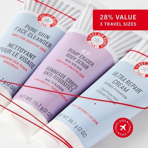 First Aid Beauty Cleanse, Smooth + Hydrate Kit - Travel Size Facial Cleanser, KP Body Scrub & Ultra Repair Cream