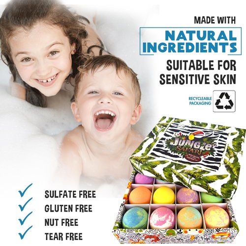 Bath Bombs for Kids with Surprise Inside, 12 Bubble Bath Fizzies with Jungle Animal Toys. Moisturizing, Gentle & Kids Safe, Rainbow Spa Bath Fizz, Birthday Gift Easter Basket Essentials for Boy Girls